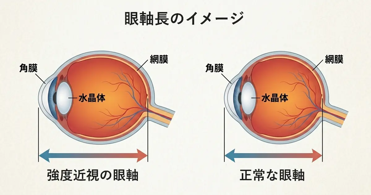 強度近視と正視の眼軸長の比較