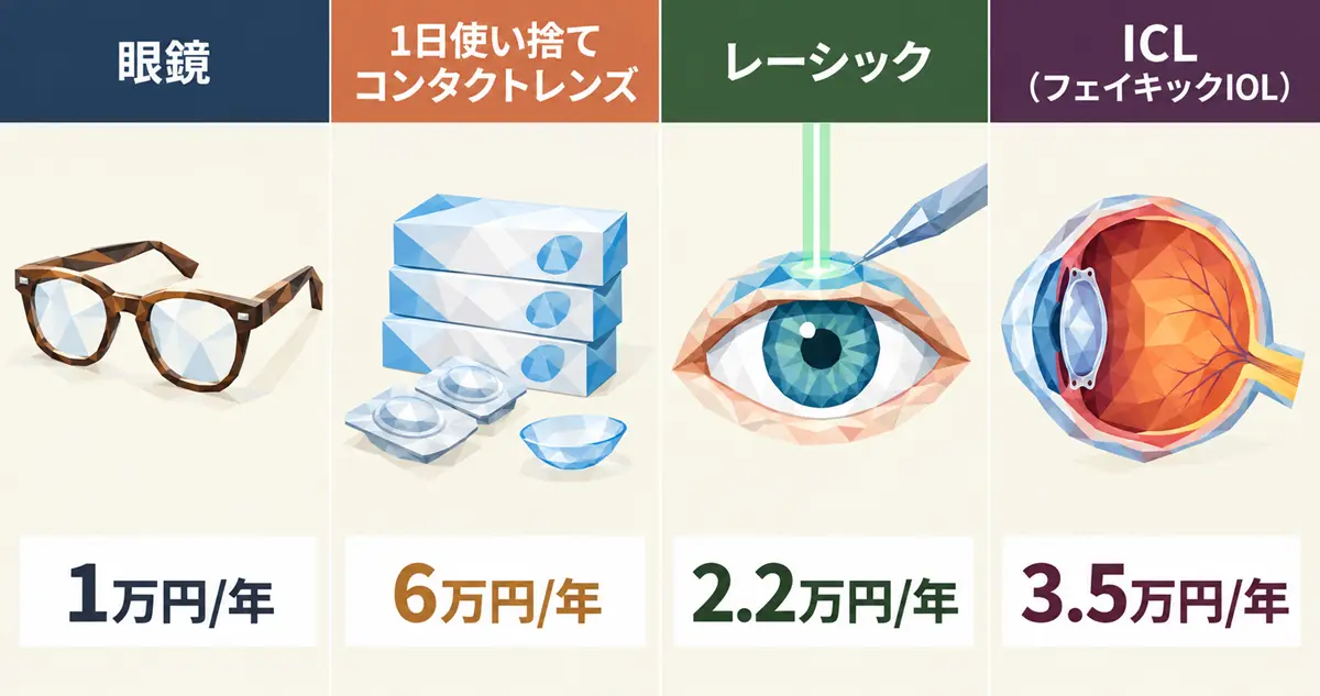 近視矯正4方法の年間コストイメージ