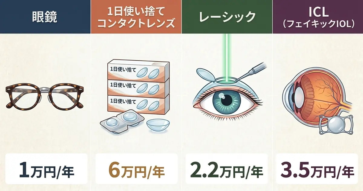 近視矯正4方法の年間コストイメージ